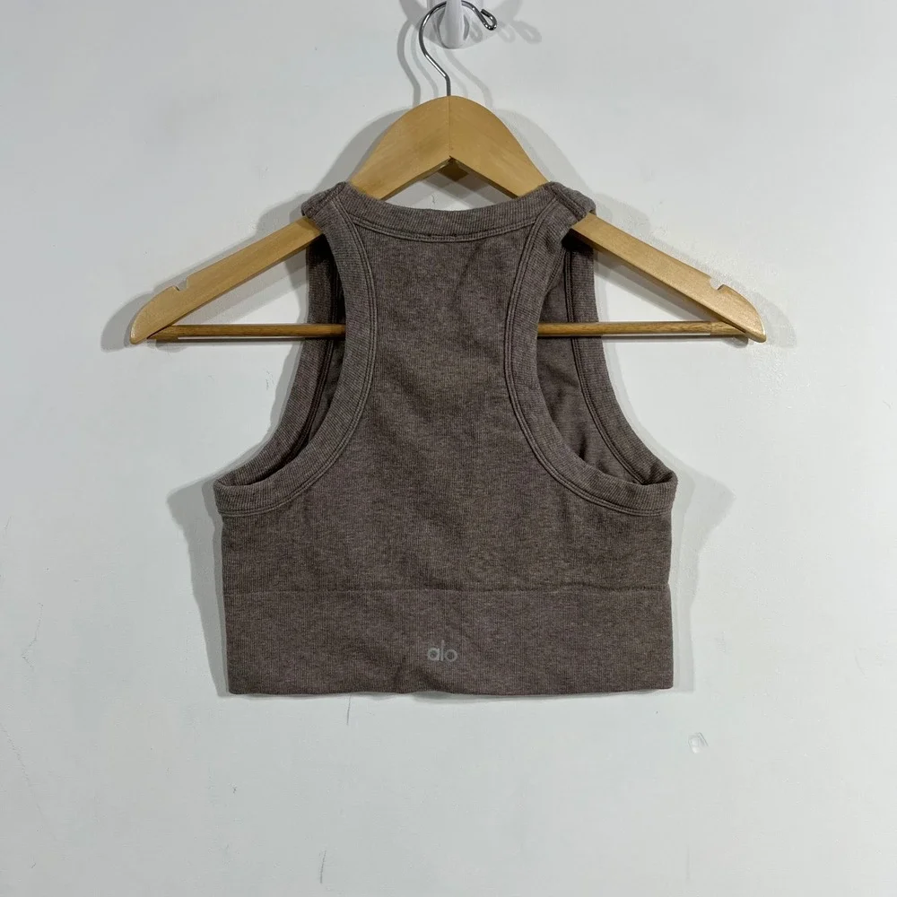 Alo Yoga Sporty Seamless Ribbed Crop Tank Top Brown Racerback Womens XS Neutral